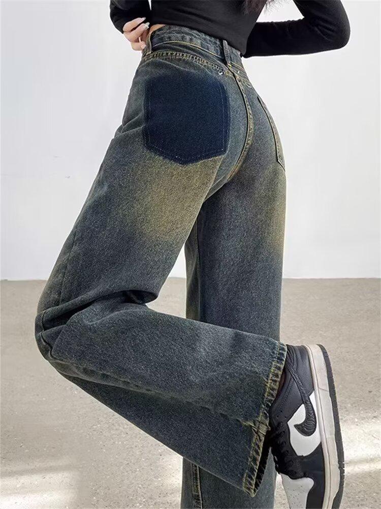 Jeans Retro Blu a Gamba Larga per Donne a Forma di Pera - Primavera/Autunno, Lunghezza Maxi, Vestibilità Larga
