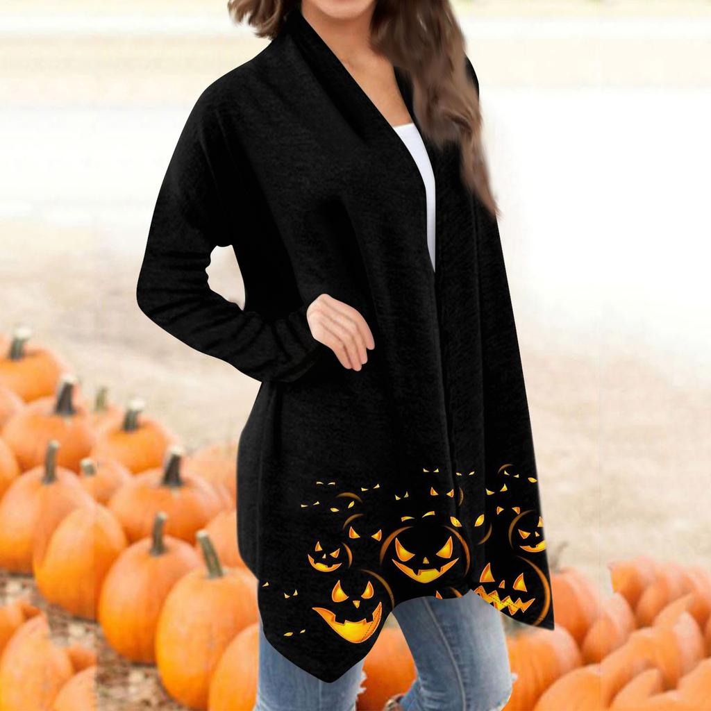 Dámský ležérní kardigan s halloweenským potiskem, top s dlouhým rukávem bez kapes