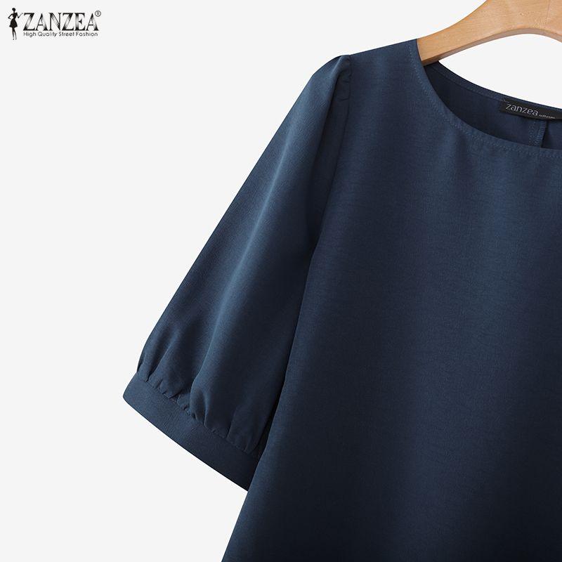 ZANZEA Women Casual Crew Neck Solid Color Loose Half Sleeve Blouse