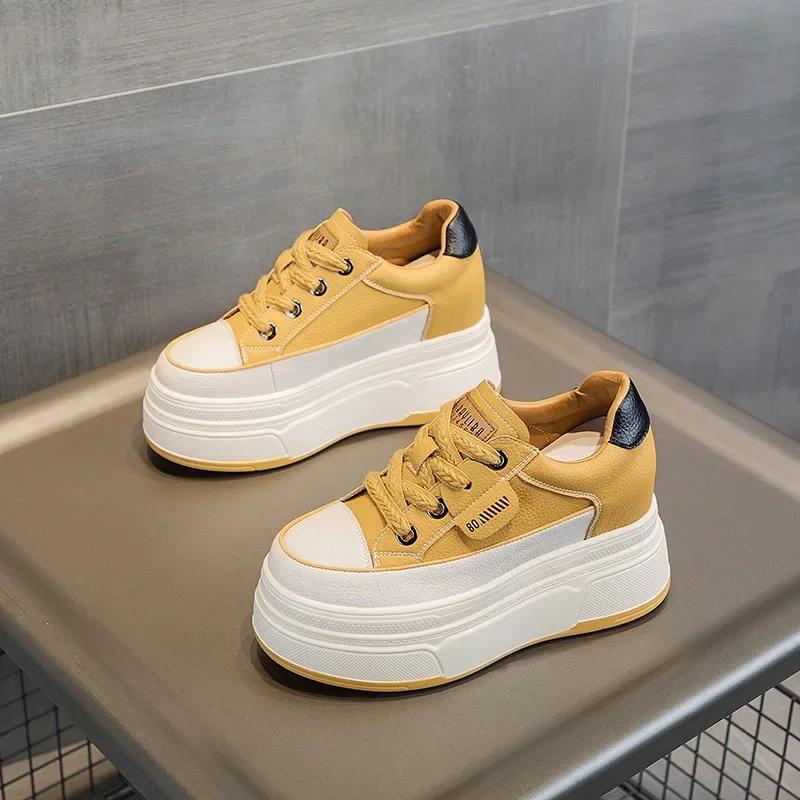 9cm Genuine Leather Platform Sneakers Wedge Shoes for Women Breathable Sneakers Autumn Casual Shoes Hidden Heel Zapatillas Mujer
