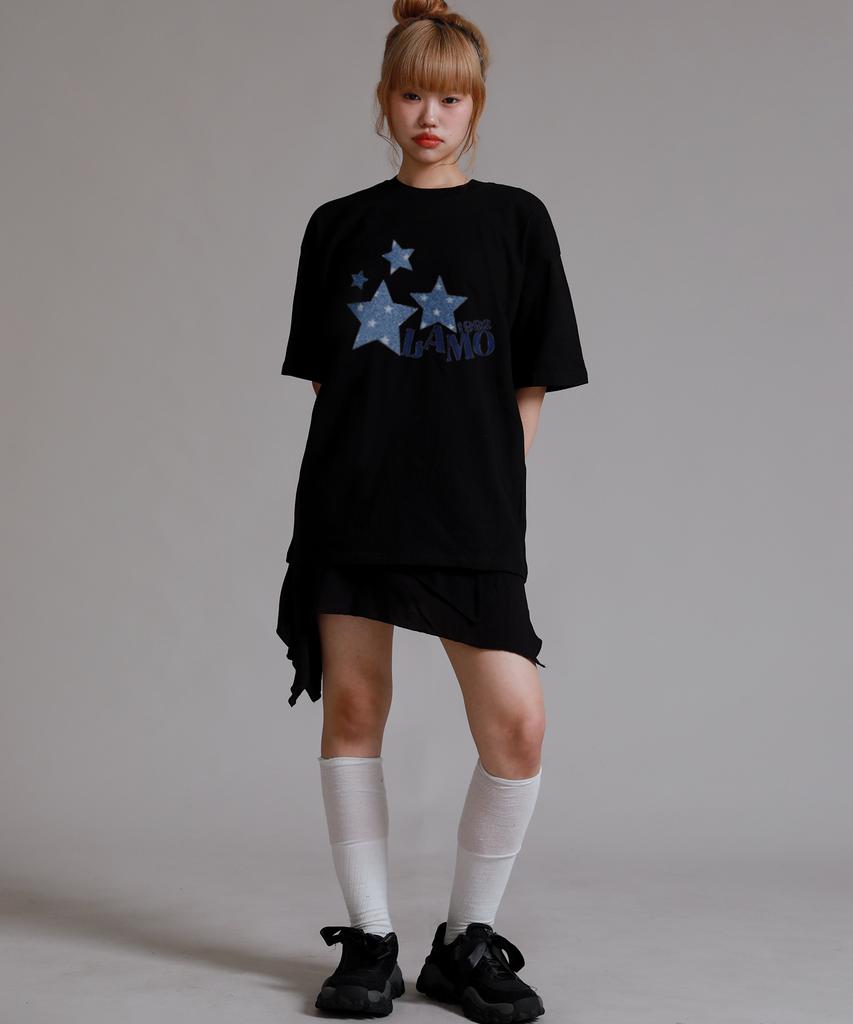 LIKE THE MOST Pattern Star Lamo Oversized Short Sleeve T-Shirt_Black
