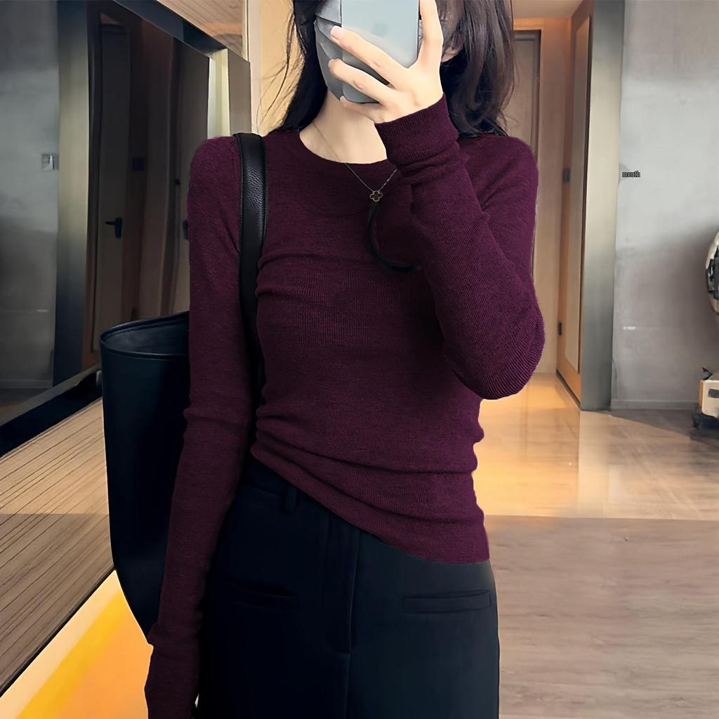 2026 Women's High-End Slim Fit Wool Sweater - Round Neck, Long Sleeve, Regular Shoulder, Autumn/Winter Base Layer.