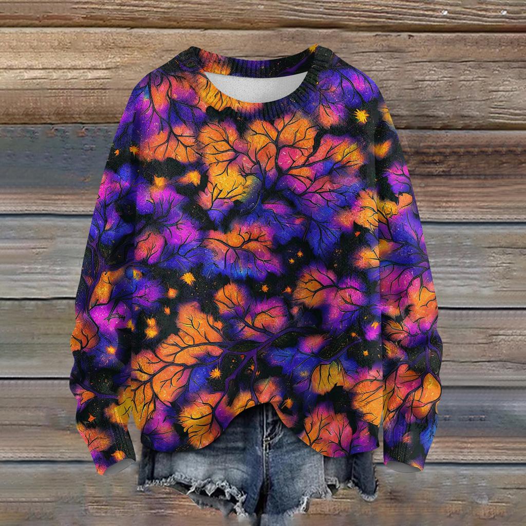Ladies' Fashionable Casual Long Sleeved Halloween Printed Round Neck Knitted Yarn