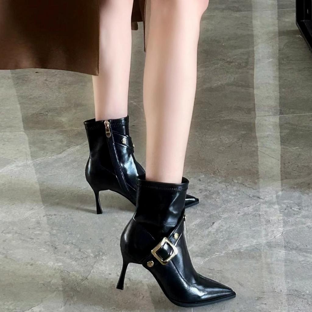 Women High Heels Boots Temperament Pointed Ankle Boot Quality High Heels Leather Boots for Women Belt Buckle Design Fashion Boot