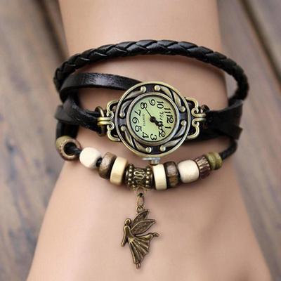 Retro Leaf Angel Wings Pendant Leather Strap Watches Quartz Bracelet Wristwatch