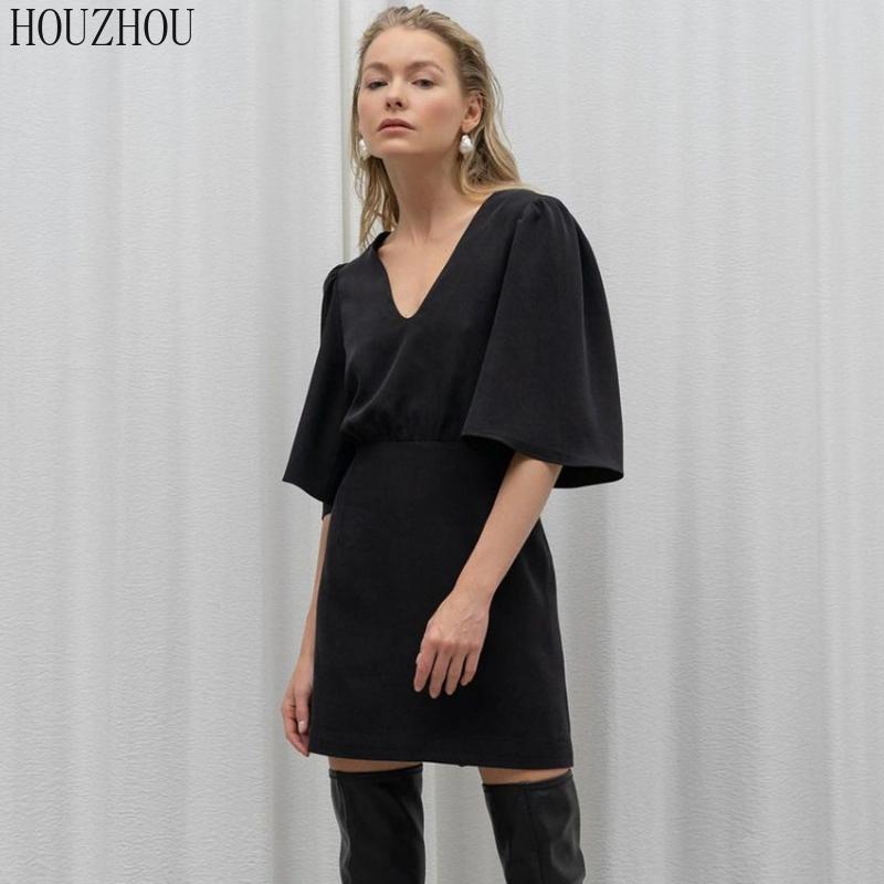 HOUZHOU Abito Nero Donna Scollo a V Vita Alta Classico Coreano Basic Elegante Maniche a Sbuffo Maniche Corte A-line Miniabito