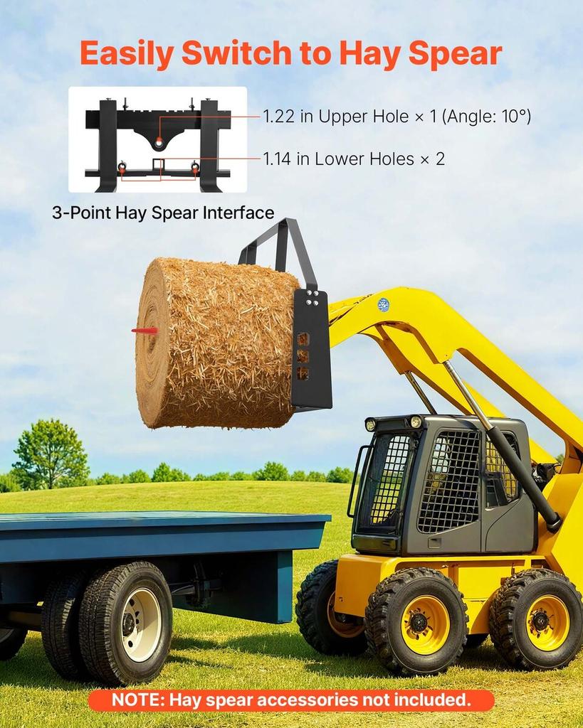 Skid Steer Pallet Forks, 1814 Kg Rated Capacity, Pallet Fork Frame Attachment with 122 Cm Pallet Forks Forklift Blades, 50.8 Mm Hitch Receiver & Spear
