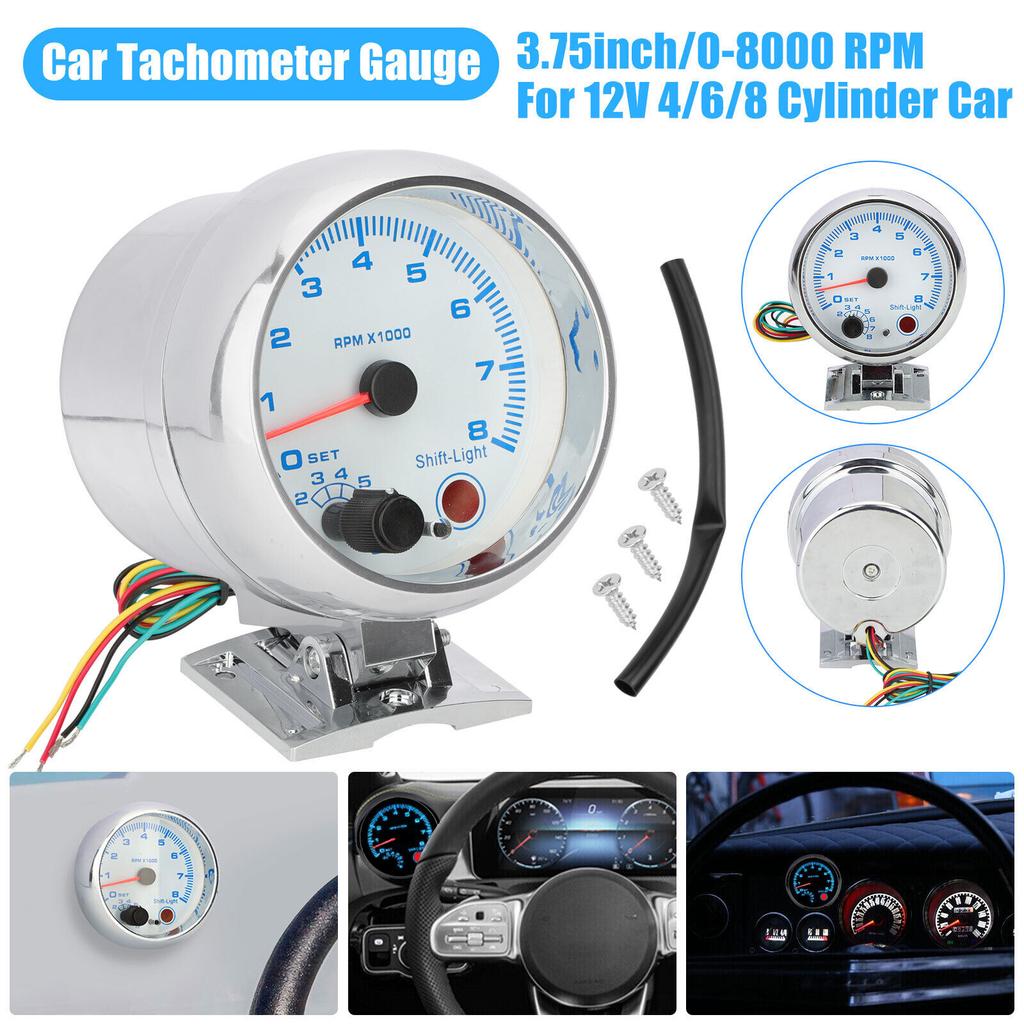 3.75" 12V Car Tachometer Gauge Meter LED Backlight 0-8000 RPM For Most 4/6/8 Cylinder Gasoline Powered Vehicles
