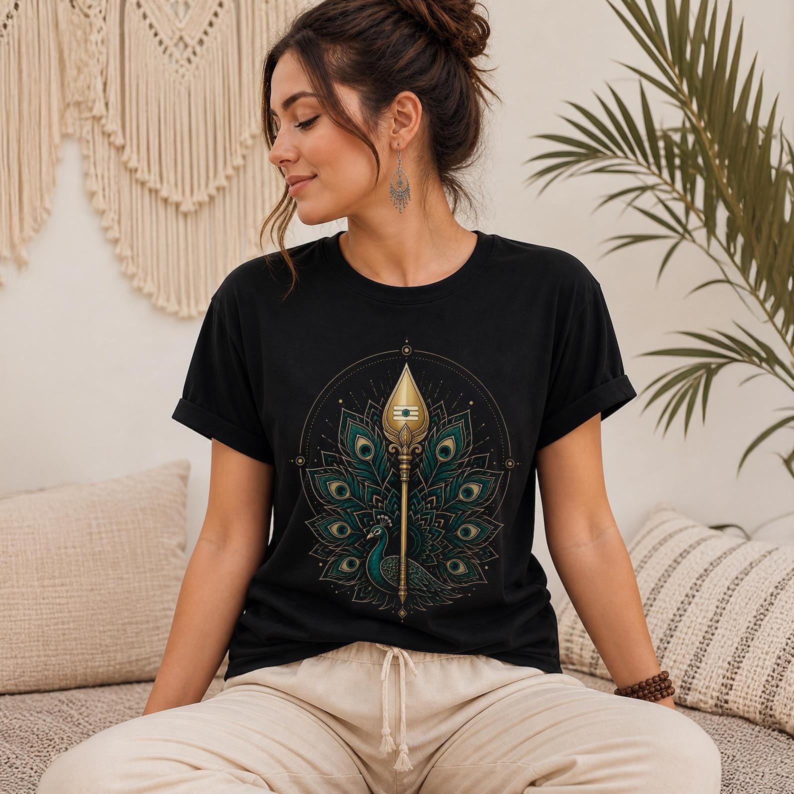 Kartikeya Shirt: Skanda God Unisex Tee | Hindu Warrior Deity T Shirt | Yoga Apparel Spiritual Gift | Peacock Spear Murugan Shirt XL