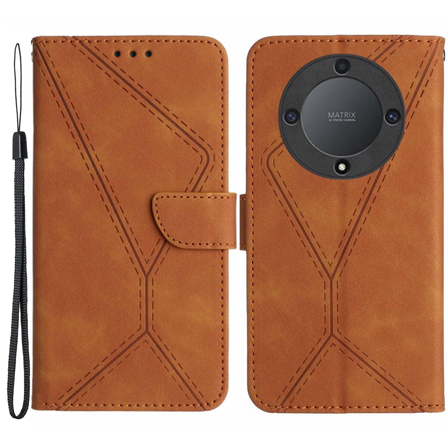 

For Honor Magic5 Lite 5G/X9a 5G Anti-Drop Phone Case HT05 Skin-touch PU Leather Wallet Cover with Strap Brown