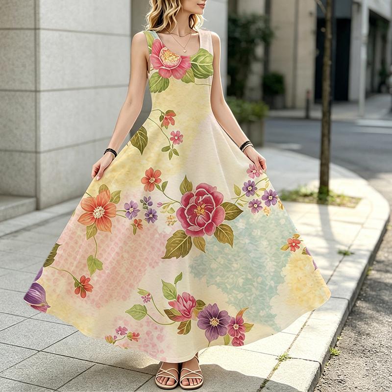 Women’s Versatile Floral Sleeveless Dress Spring & Summer Maxi,Lightweight Flowy,Elegant,Ideal for Daily,Outdoor,Vacation