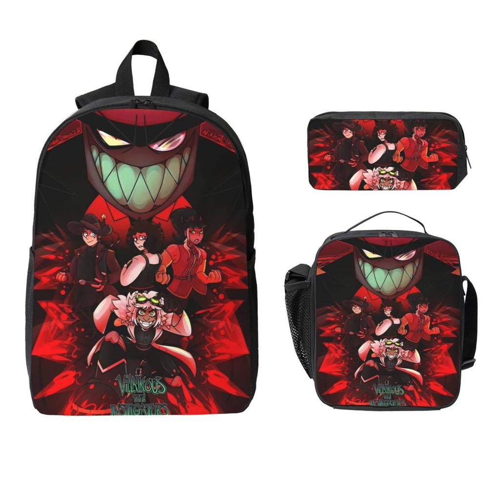 3Pcs Villainous Comdy Merch Backpack Set for Boy Girl Pen Bags Bookbag Sets with Lunch Box For School Students Daypack