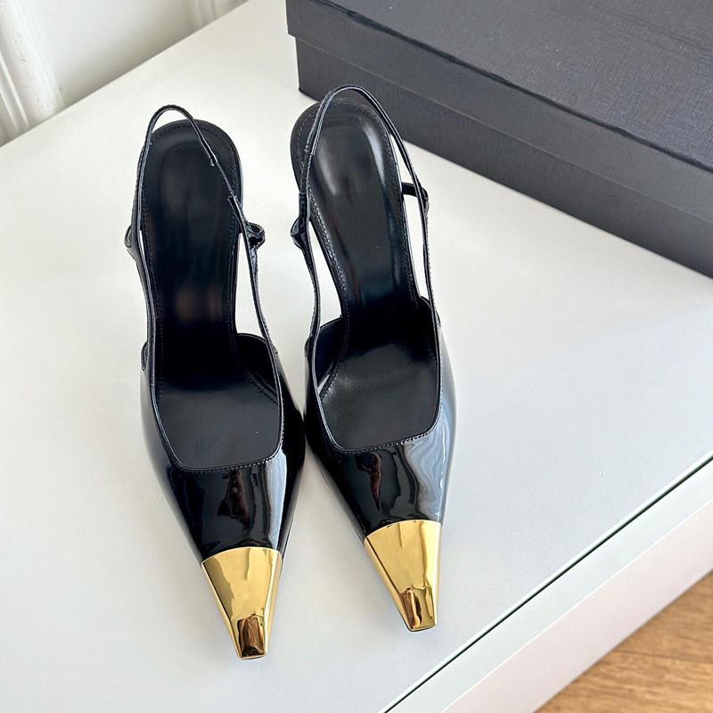 New Patchwork Gold Black Sandals Metal Square Toe Stiletto High Heels Slingback Sexy Spring Summer Women Pumps 2024 New Trend