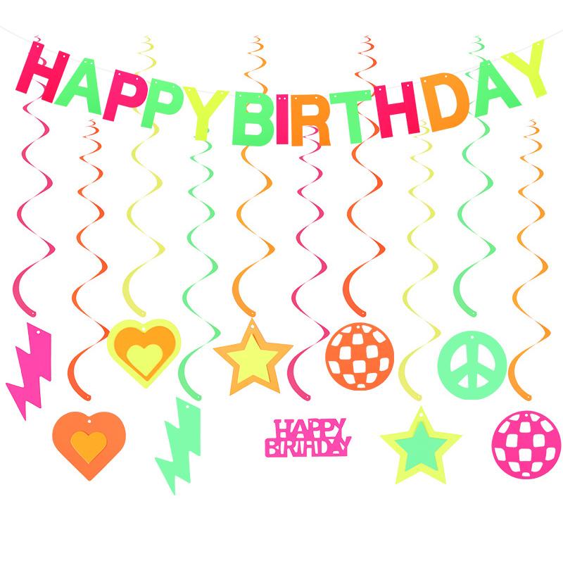 1Set Neon Glow Happy Birthday Paper Banner Hanging Spiral Birthday Party Decoration Black Light Reactive UV Glow In the Dark