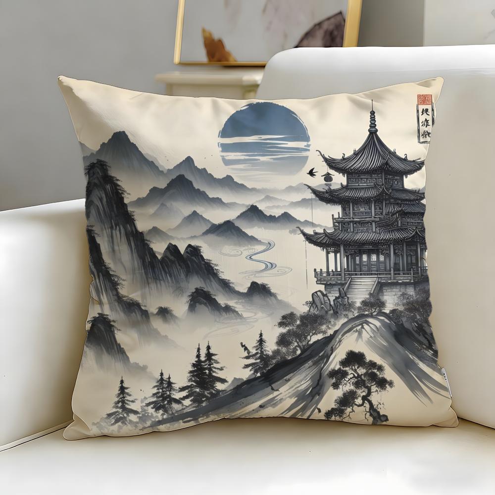 theme Chinese Ink Painting Style Cushion Cover Soft  EasyWash Pillow Case  Versatile for Couch Bed Travel and Office