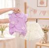 Girls Summer Sweet Cartoon Cat Print Sleeveless Short Set with Notched Collar