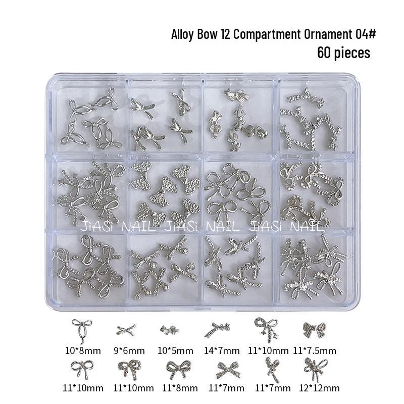 New 12-Grid Alloy Bowknot Nail Art Decor: Silver Flowing Ribbon & Hollow Bowknot.