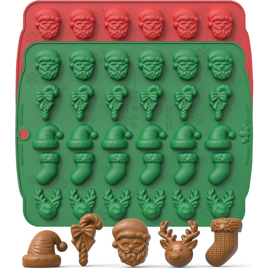 Christmas Candy Molds, 2 Pcs 30 Cavity Christmas Gummy Molds, Silicone Christmas Chocolate Molds, Red & Green