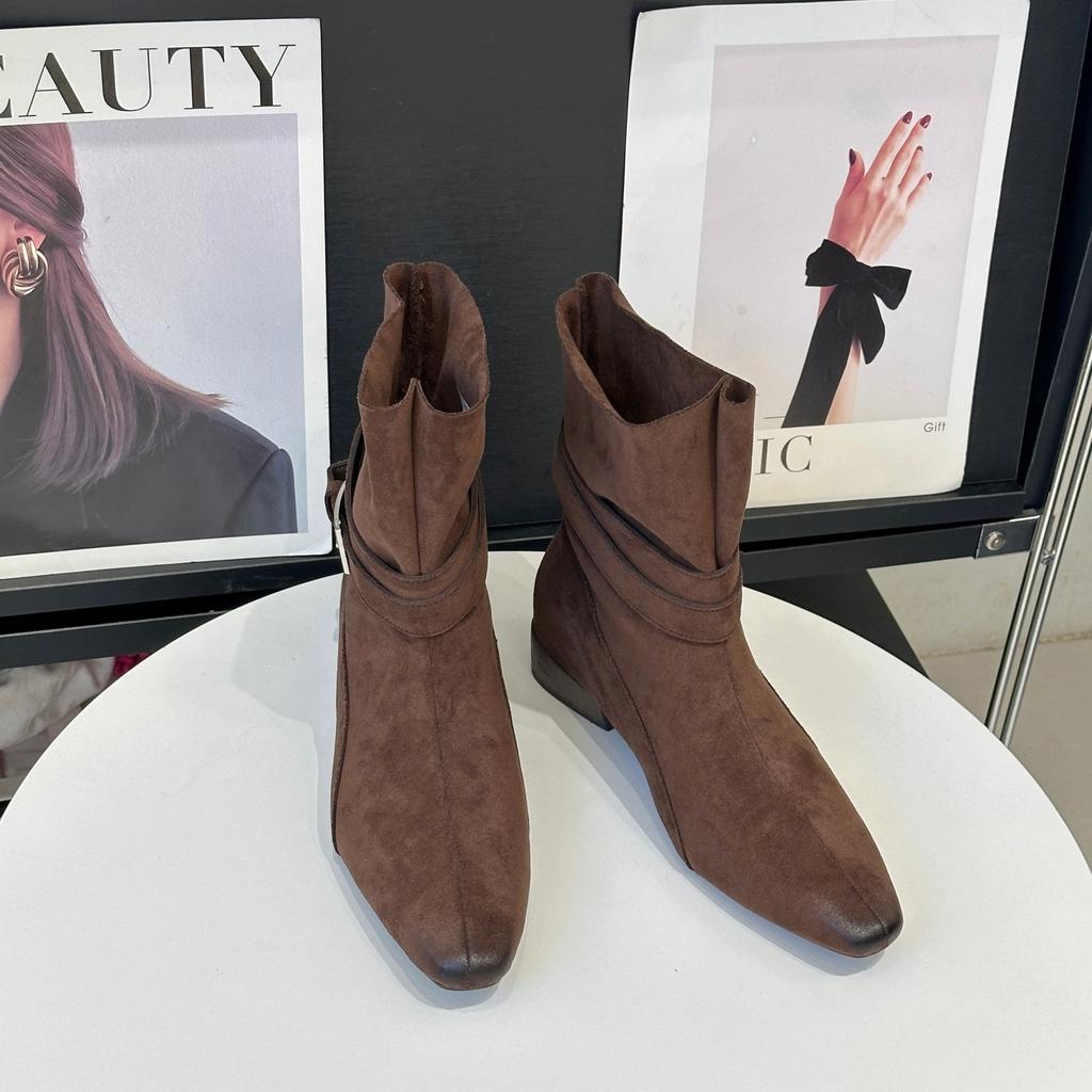 Square head thick heel western boots women's autumn and winter new retro dirty boots medium boots