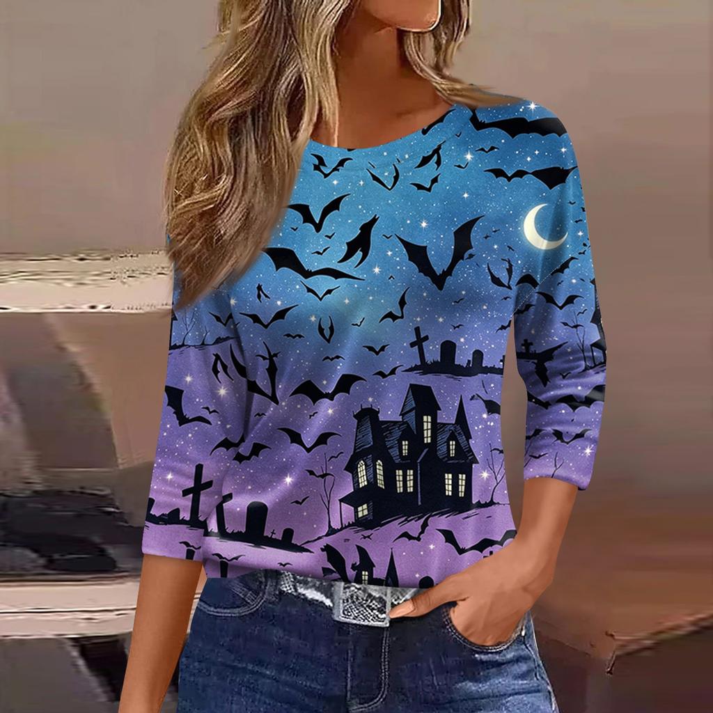 Women's Casual 3/4 Sleeve Halloween Print Round Neck Blouse for Party and Daily Wear