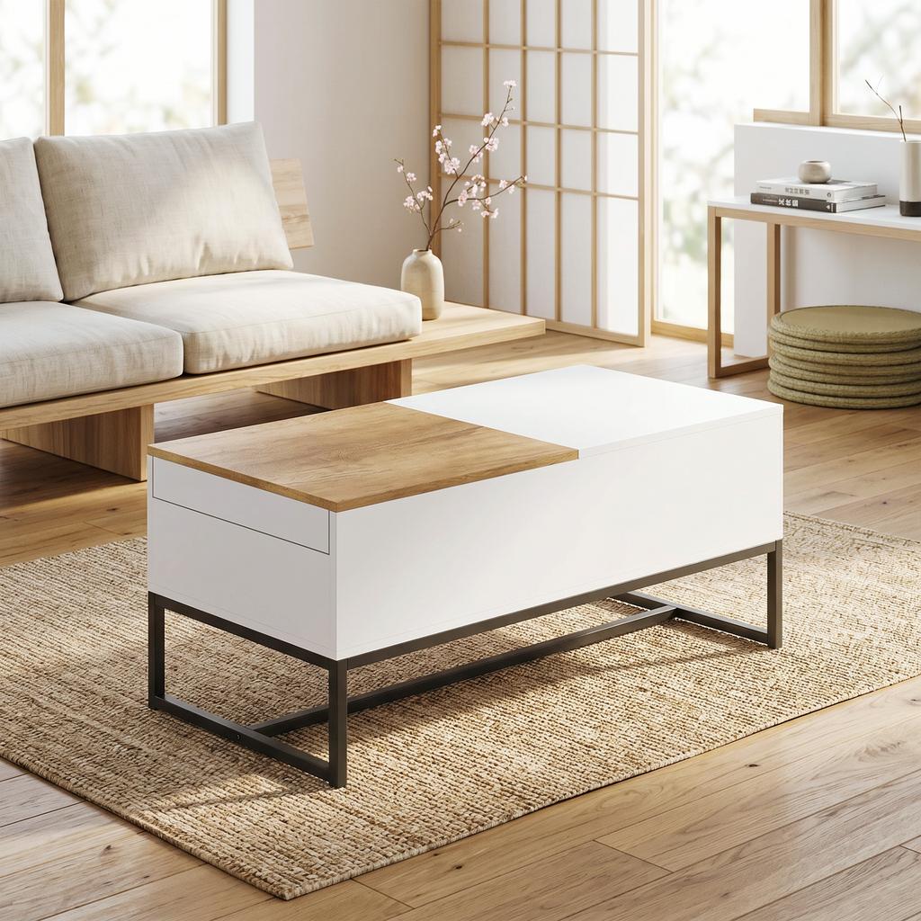 Extendable Coffee Table, Modern Living Room Table with Sliding Top, Hidden Storage, and Steel Legs, White