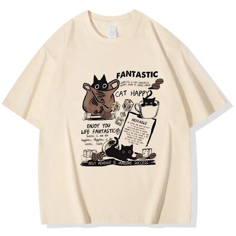 American Retro Trendy TShirt Fashion Women Summer Tees Tops Tshirt Funny Cat and Coffee T Shirt Clothes Graphic Streetwearr YK