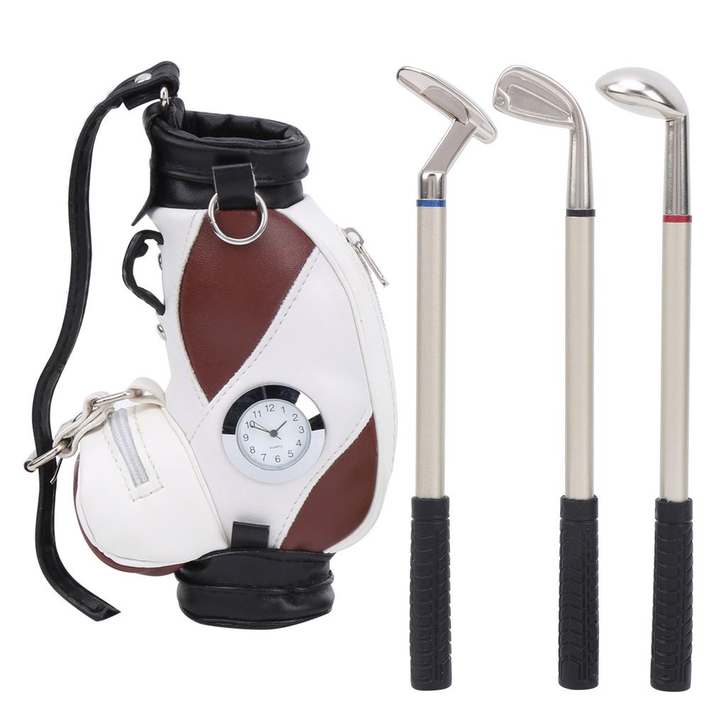 Mini Desktop  Golf Bag Pen Clock  Zinc Alloy PU Leather with Golf Pens Souvenir Set GiftBrown White