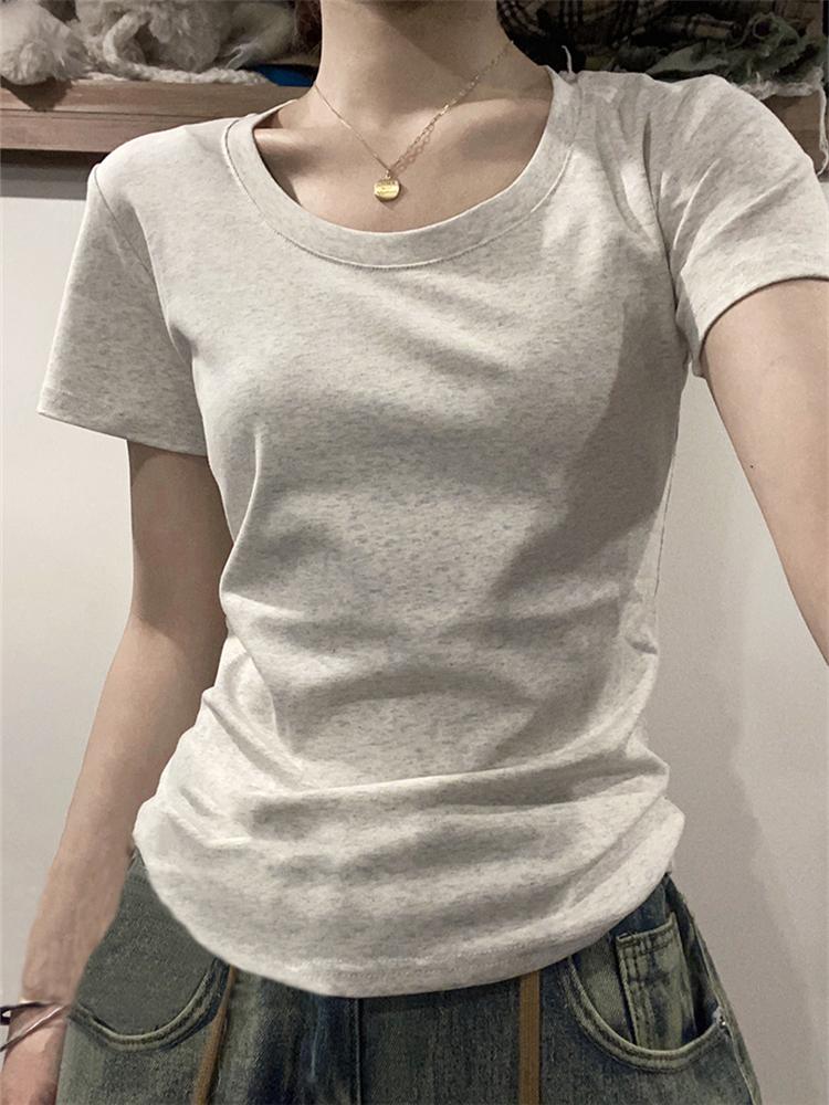 Maglietta a maniche corte slim fit in puro cotone americano High Street da donna, con spalle scoperte, versatile, attillata e corta