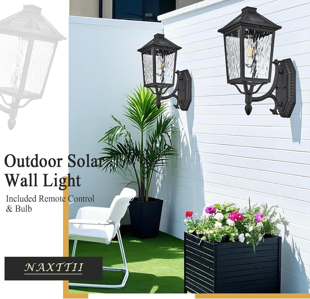 15 Inch Solar Outdoor Wall Lights, Dusk to Dawn, Remote Control, Black, for Porch, Yard, Garage