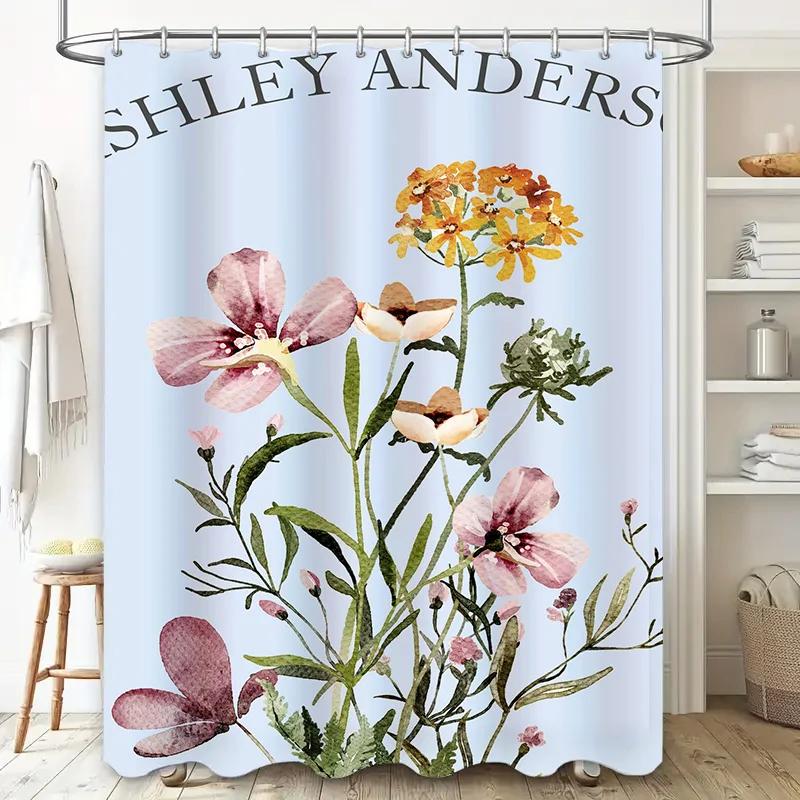 Watercolor Floral Shower Curtain Personalized Name Decorative Bath Room Waterproof Printed Pink Yellow Flowers Blue Background C
