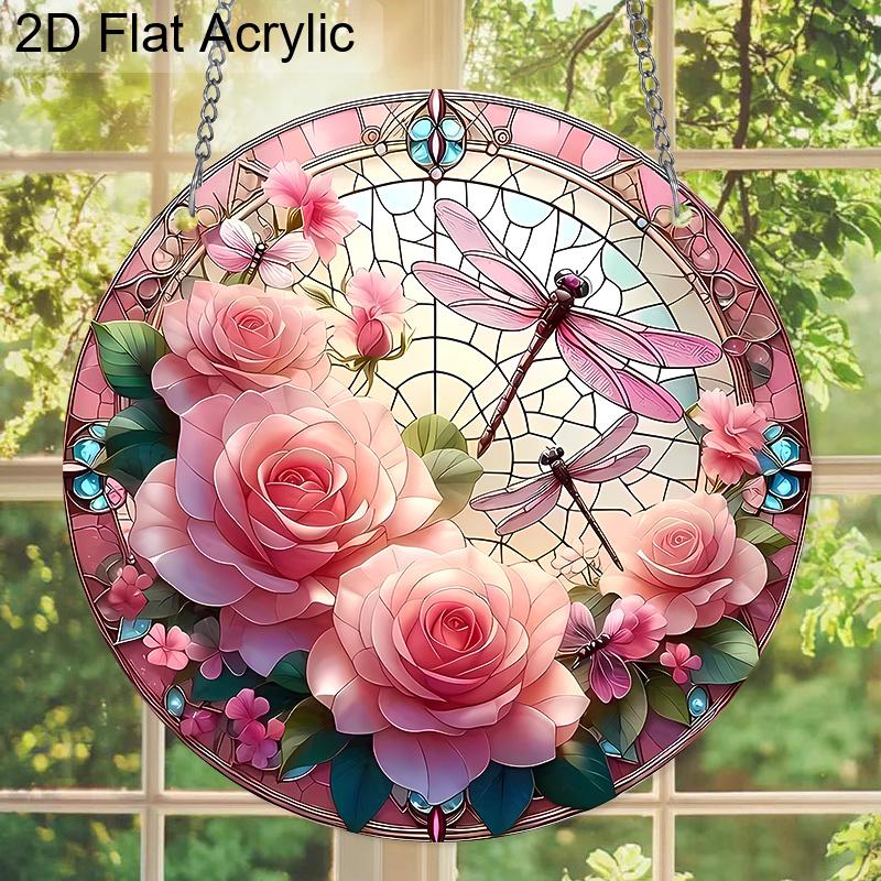Acryl Rosa Rose Libelle Sonnenfänger Buntglas-Effekt Fensterhänge-Ornament Blumenliebhaber Geschenke