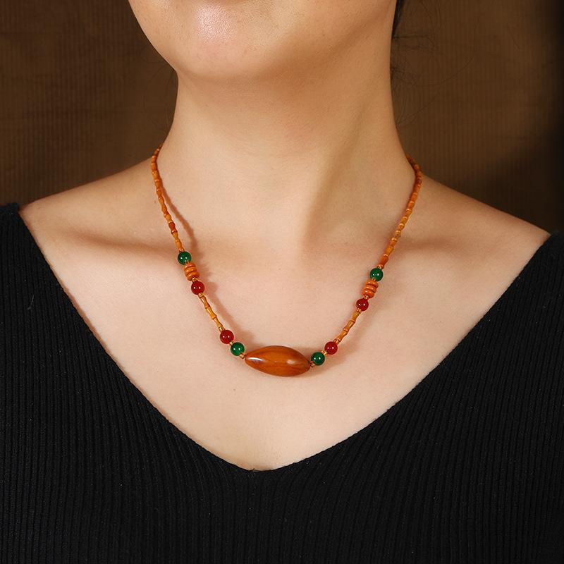 Retro New Chinese Wooden Bamboo Necklace Niche Design Beeswax Agate Pendant Collarbone Chain Women's Literary Accessories