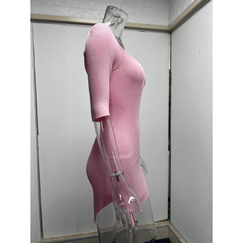 Women's Ribbed Knit Square Neck Bodycon Mini Dress ComfortableSplit Sleeve Party Dress
