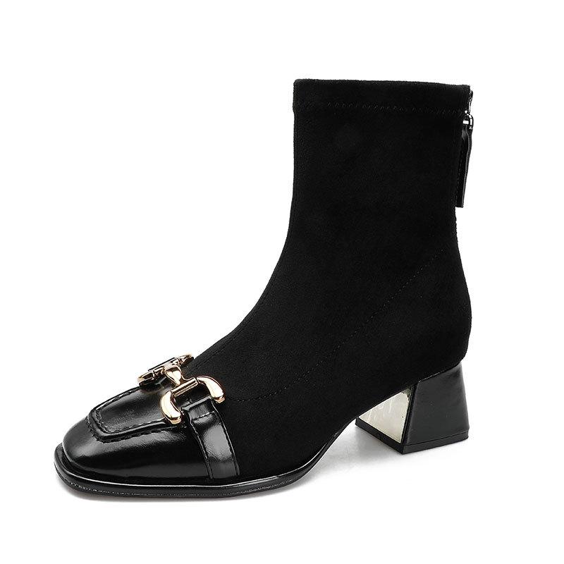 High Heel Short Boots New Year's Boots Splicing Square Head Spring and Autumn Single Boots Thick Heel Retro Horse Buckle Medium Boots