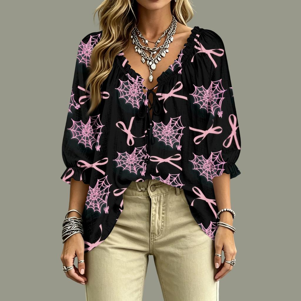 Women's Casual V-Neck Printed 3/4 Sleeve Blouse with Tie Front and Ruffled Trim