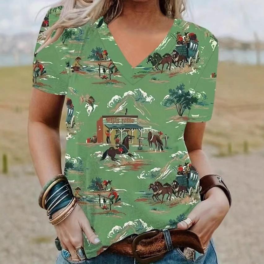 

Летний модный тренд 3D принт западного ковбоя, повседневный топ с коротким рукавом и V-образным вырезом, женские футболки 5XL