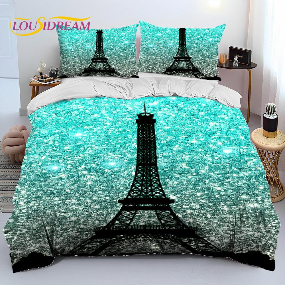 France Paris Eiffel Tower Comforter Bedding Set,Duvet Cover Bed Set Quilt Cover Pillowcase,King Queen Size Bedding Set Kid Adult