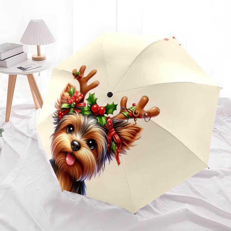 1pc Christmas Yorkshire Terrier with Antlers Umbrella with Plastic Handle,Suitable for All Seasons Home Travel Outdoor UmbrellaDD234