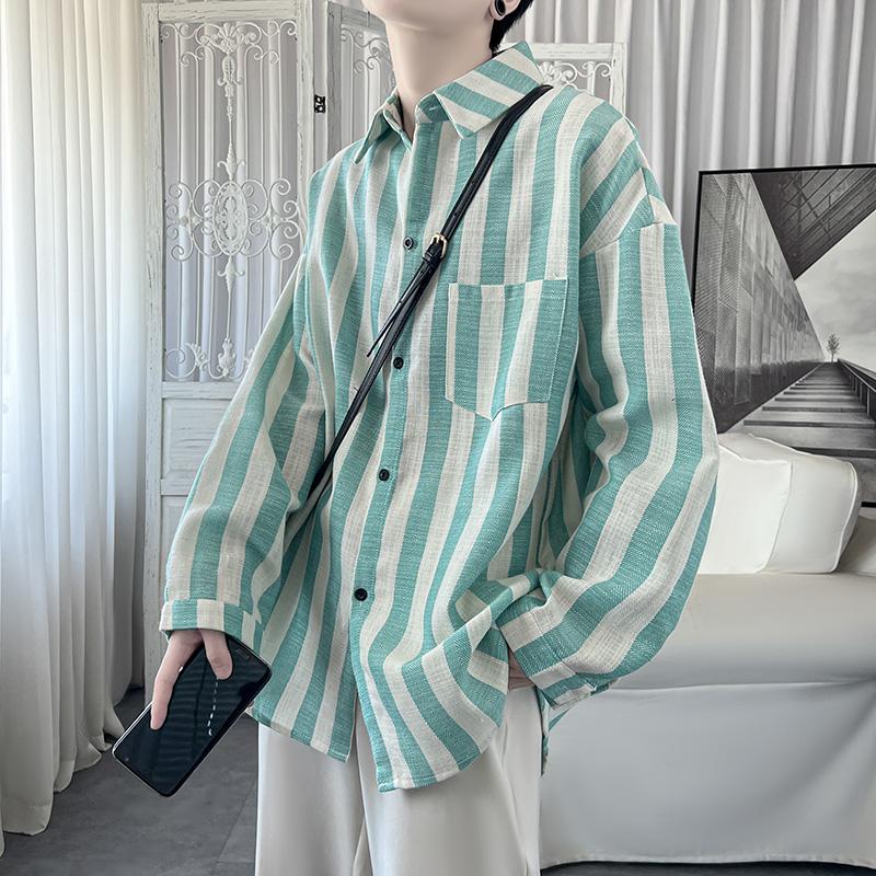 Men Long Sleeved Shirt 2025 Male Fashion Korean Loose Dress Shirt Korean Men Casual Blue Shirt Mens Striped Shirts