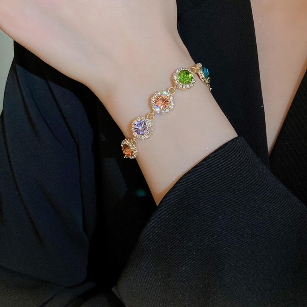 Adjustable Rainbow Rhinestone Bracelet Shiny Colorful Hand Chain Elegant Zircon Bracelet  Gifts