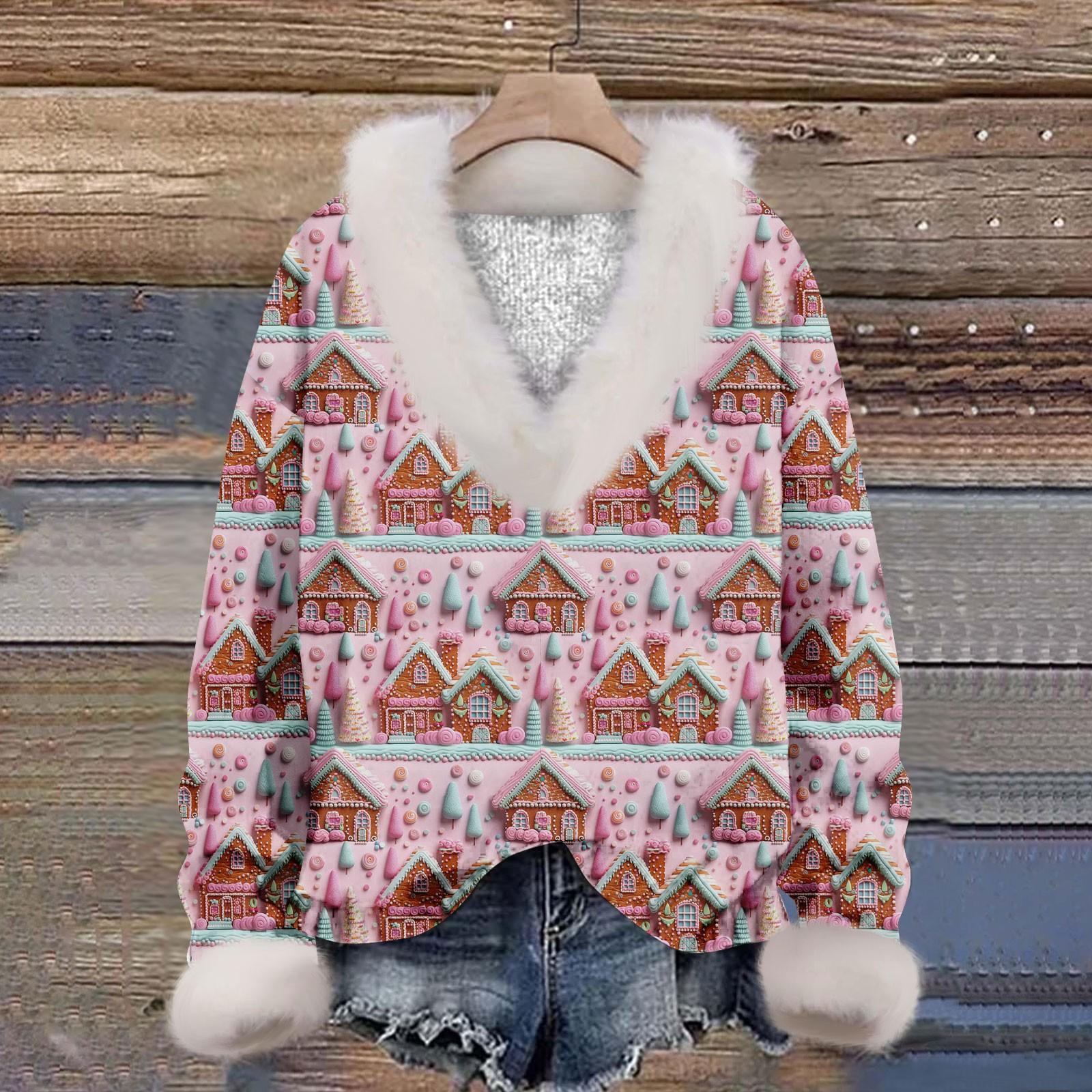 

Женская мода повседневный рождественский принт с длинным рукавом и V-образным вырезом пуловер для волос M розовый