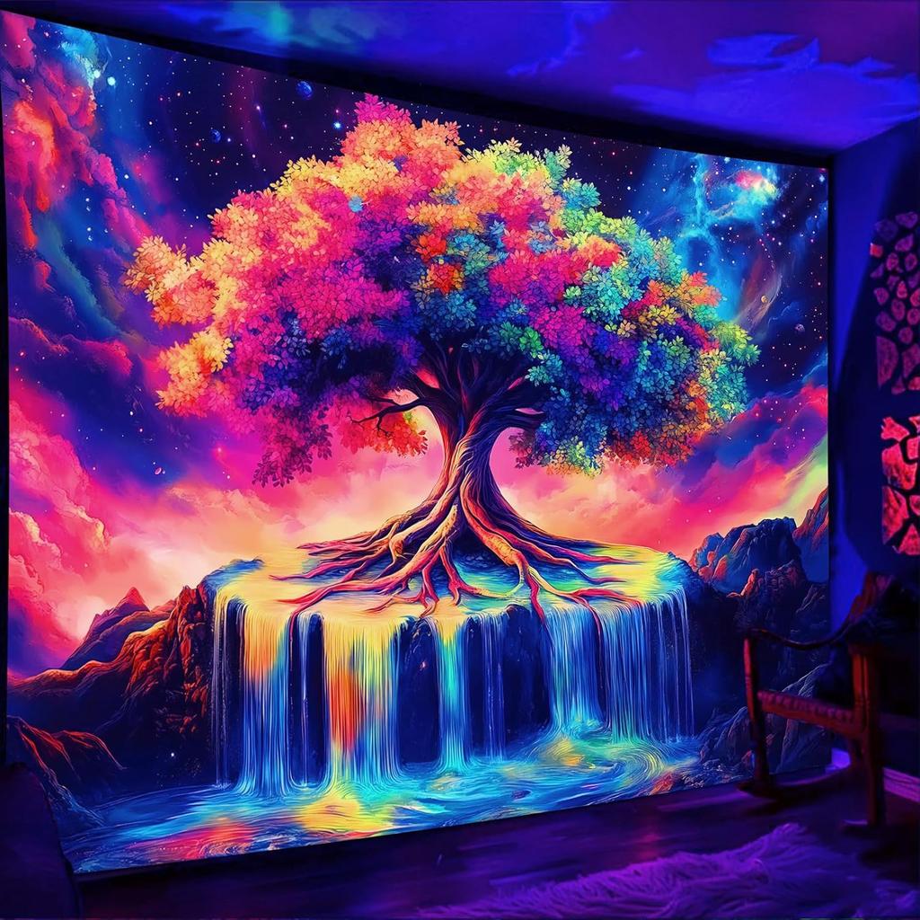 Simpkeely Tree of Life Blacklight Tapestry UV Reactive Colorful Waterfall Tapestry Galaxy Space Starry Sky Wall Tapestries Hanging for Bedroom -