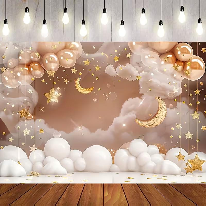 2D Moon and Stars Baby Shower Backdrop Neutral Cloud Balloon Photography Background