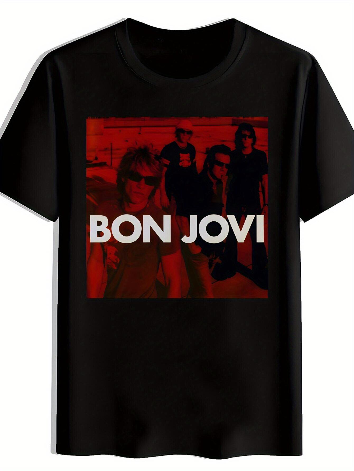 Bon Jovi Graphic T-shirt - Black Casual Crew Neck Short Sleeve Tee XXXXL