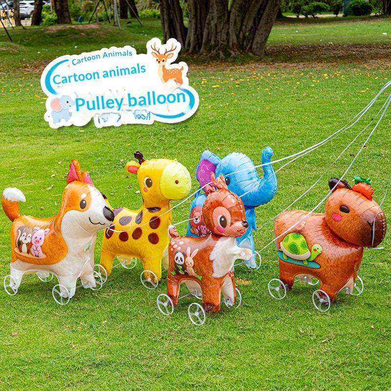 1Pcs Baby Shower Accessories Cartoon Foil Balloon Animal Stand Walking Balloon With Wheel For Kid Birthday Party Decor Ballons