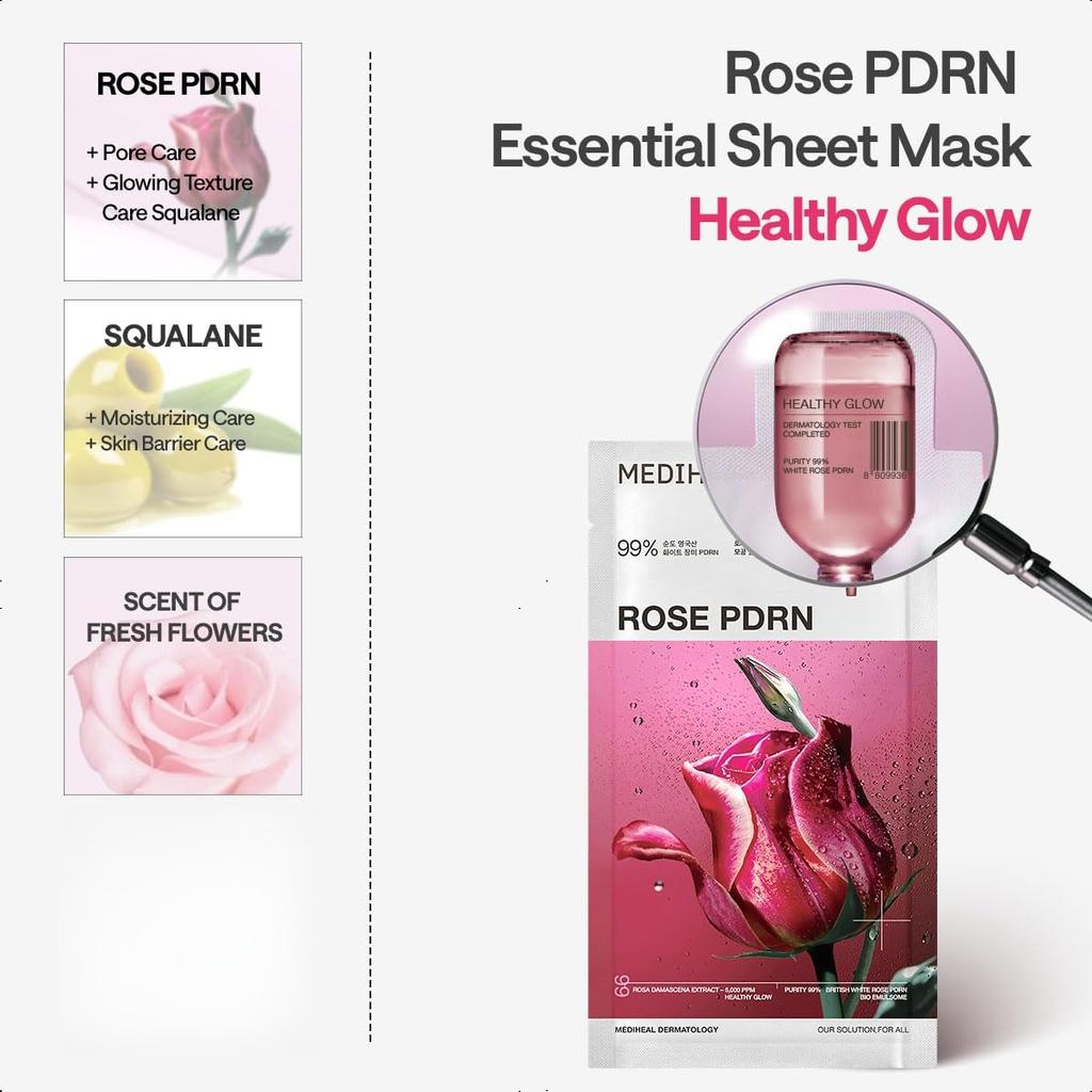 Mediheal Rose PDRN Essential Sheet Mask 10 Pcs. 99% Pure White Rose PDRN & Hyaluronic Acid for Hydrating, Firming, and Enhancing Moisture Barrier