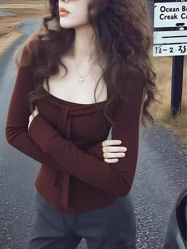 Chic Coffee Square-Neck Slim-Fit Long-Sleeve Top for Women - Perfect for Autumn & Winter
