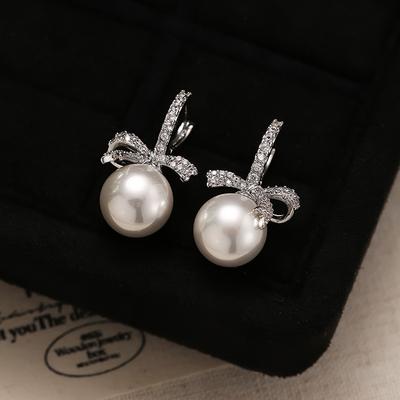 Pearl Ear Buckle Earrings with Diamond Bow Sense Exquisite and Unique Earrings Party Versatile Light Luxury Temperament Earrings