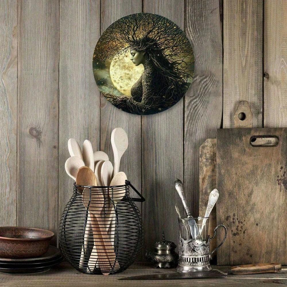 Vintage Round Metal Wall Art, Forest Goddess Moon Tree Branch Sign, Mystical Nature Home Decor for Bar Cafe