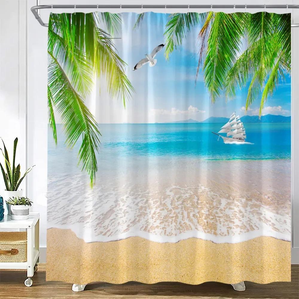 Dusk Sunset Beach Shower Curtains Tropical Ocean Palm Tree Forest Waterfall Nature Scenery Cloth Home Decor Bathroom Curtain Set